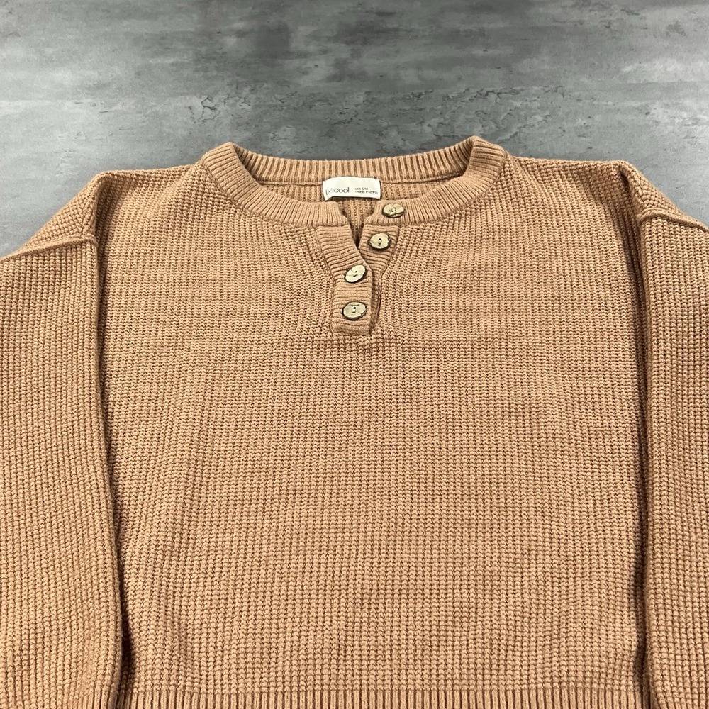 Knit Sweater Women Small Henley Brown Johnny‎ Collar Crop Sweatshirt Long Sleeve